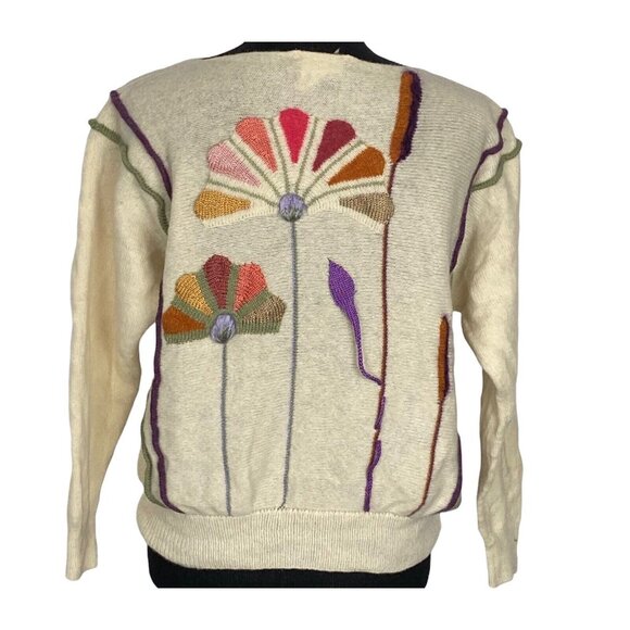 ISLE OF SKYE Women Lambs Wool Embroidered Sweater Sz M Ivory Crew Neck 8A-9 - Picture 2 of 12